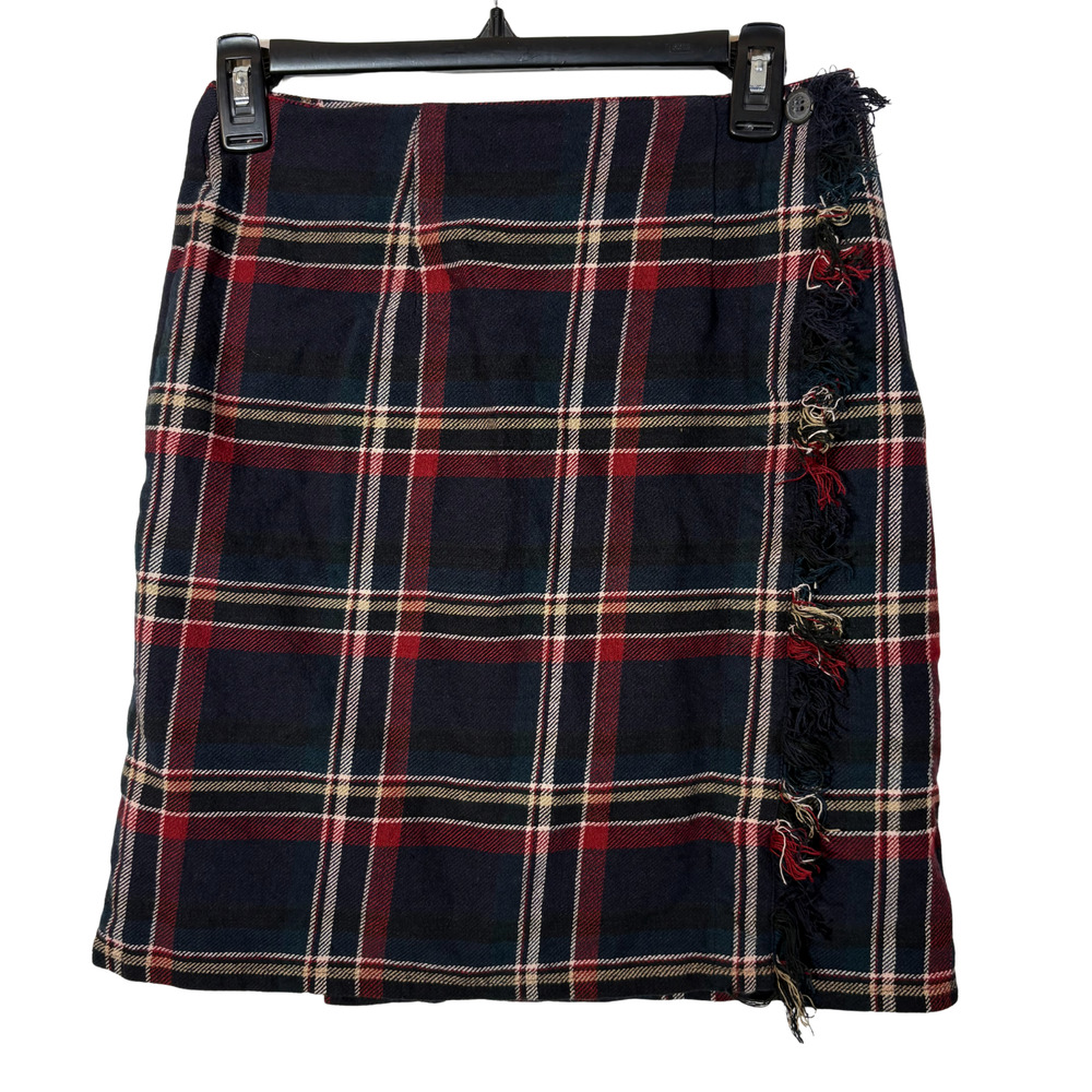 Navy Blue Plaid Mini Skirt Cotton Wrap Fringe Preppy Heritage Medium Retro